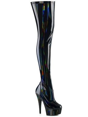 New w/Scuff Pleaser Delight-3000HWR Black Holo Thigh High Boots 6in Pole Heel